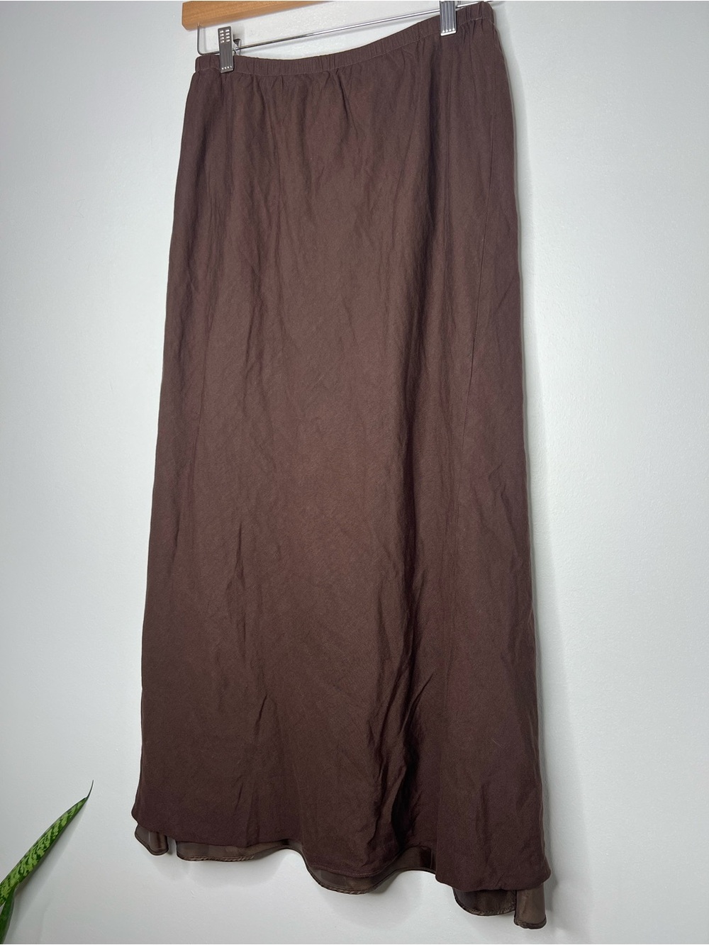 Adrianna Papell Linen Rayon Brown Maxi Skirt Size 12 Elastic Waist Lined Pull On